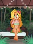  2020 accessory activision anthro bandicoot beverage blonde_hair clothed clothing coco_bandicoot crash_bandicoot_(series) female flower flower_in_hair green_eyes hair hair_accessory holding_object long_hair mammal marsupial plant sitting solo soupbag tree video_games 