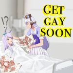  !? 2girls animal_ears bed blunt_bangs blurry blurry_background bouquet bow brown_hat commentary derivative_work desuuuu ear_bow ear_covers english_commentary gold_ship_(umamusume) green_bow grey_hair half-closed_eyes hand_on_another's_head hat highres holding holding_bouquet horse_ears horse_girl horse_tail hospital hospital_bed indoors long_hair mejiro_mcqueen_(umamusume) multiple_girls parted_lips petting photo-referenced pillbox_hat pleated_skirt purple_bow purple_hair purple_shirt sailor_collar sailor_shirt school_uniform shirt skirt smile sweatdrop swept_bangs tail tracen_school_uniform umamusume under_covers 