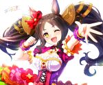  +_+ 1girl absurdres animal_ears black_hair breasts center_frills cleavage commentary fang frills green_skirt highres horse_ears horse_girl large_breasts layered_skirt looking_at_viewer marvelous_sunday_(umamusume) multicolored_skirt one_eye_closed open_mouth orange_skirt pink_skirt pink_sleeves purple_shirt shirt short_sleeves skirt solo twintails umamusume white_shirt wrist_cuffs ya-ya yellow_eyes 