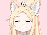  1girl animal_ear_fluff animal_ears animal_on_head anya's_heh_face_(meme) bird bird_on_head black_eyes blonde_hair blue_archive blush commentary_request eyebrows_hidden_by_hair flower_wreath forehead fox_ears fox_girl halo head_wreath highres long_hair looking_at_viewer meme on_head parted_bangs parted_lips pink_background playable_character_celebration portrait seia_(blue_archive) simple_background smile solo spy_x_family tanezaki_atsumi user_zhwd4373 voice_actor_connection yellow_halo 