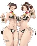  2girls abs absurdres animal_costume animal_ear_hairband animal_ears animal_print artist_name bikini bottle chun-li collarbone commentary cow_costume cow_ear_hairband cow_ears cow_girl cow_horns cow_print cow_print_bikini cow_tail english_commentary fake_animal_ears fake_horns fatal_fury fatal_fury:_city_of_the_wolves hairband highres horns mature_female milk_bottle multiple_girls print_bikini shiranui_mai simple_background snk_heroines:_tag_team_frenzy street_fighter street_fighter_6 swimsuit tail the_king_of_fighters wanderjegson wrinkled_skin 