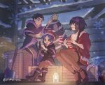  1boy 2girls :d axe black_capelet black_eyes black_hair blue_hair box braid breasts brown_eyes candle candlelight capelet character_doll christmas_ornaments christmas_tree cleavage commentary_request creature decorating_christmas_tree doll elsa_granhilte emilia_(re:zero) fur-trimmed_capelet fur_trim green_eyes highres holding holding_creature looking_at_another meili_portroute mole mole_under_eye multiple_girls natsuki_subaru on_box open_mouth pants re:zero_kara_ayamatsu_isekai_seikatsu re:zero_kara_hajimeru_isekai_seikatsu shake_sawa sitting sitting_on_box smile snow snowflakes track_pants tree-topper 