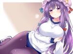  1girl alternate_costume arm_under_breasts blue_bow blue_buruma blush bow breasts buruma commentary_request contemporary crescent crescent_hat_ornament gym_uniform hair_bow hat hat_ornament large_breasts long_hair long_sleeves looking_at_viewer mob_cap pantyhose patchouli_knowledge pink_hat purple_eyes purple_hair purple_pantyhose red_bow shirt shoes solo tanaka_shoushou_fumimaro touhou very_long_hair white_shirt white_shoes 