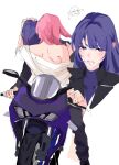  2girls absurdres after_kiss animal_ears black_jacket black_pants blush commentary ear_blush fox_ears genshin_impact hand_blush hand_on_another's_head hand_on_another's_thigh highres jacket lipstick_mark lipstick_mark_on_face long_hair mole mole_under_eye motor_vehicle motorcycle multiple_girls on_motorcycle pants pink_hair purple_eyes purple_hair purple_shirt raiden_shogun shirt simple_background white_background white_shirt yae_miko yaro_yk yuri 