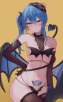  1girl alternate_costume asymmetrical_sidelocks beret bikini black_bikini black_thighhighs blue_choker blue_eyes blue_hair blue_ribbon blush breasts choker commentary crown demon_girl demon_tail demon_wings double-parted_bangs earrings elbow_gloves gloves grey_hat hair_between_eyes hair_ribbon hand_on_own_hip hat highres hololive hoshimachi_suisei jewelry karu_(karusenpai) long_hair looking_at_viewer low_wings mini_crown multi-strapped_bikini_bottom navel plaid_hat pubic_tattoo ribbon side_ponytail sidelocks simple_background small_breasts solo star_(symbol) star_earrings star_in_eye swimsuit symbol_in_eye tail tail_wrap tattoo thighhighs untranslatable_commentary virtual_youtuber wings 