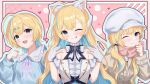  1girl absurdres ahoge animal_ears bare_shoulders bib_collar black_bow black_bowtie blonde_hair blue_eyes blue_hair blue_shirt bow bowtie cat_ears collar colored_inner_hair detached_sleeves gloves gradient_eyes hair_ornament hairclip hat highres licking_lips long_hair long_sleeves looking_at_viewer low-tied_long_hair low_twintails medium_hair multicolored_bow multicolored_bowtie multicolored_eyes multicolored_hair nagi_(nagisanote) off-shoulder_jacket off-shoulder_shirt off_shoulder one_eye_closed puffy_short_sleeves puffy_sleeves riot_music shirakawa_shirase shirt short_sleeves streaked_hair tongue tongue_out twintails two-tone_hair upper_body virtual_youtuber white_bow white_bowtie white_collar white_gloves white_hat white_shirt wing_hair_ornament yellow_eyes 