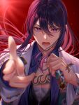  1boy bead_necklace beads blurry blurry_foreground ensemble_stars! finger_gun floating_hair foreshortening glowstick hair_between_eyes hand_tattoo holding holding_microphone idol jacket jewelry kanzaki_souma light_particles light_rays long_hair long_sleeves looking_at_viewer lower_teeth_only male_focus microphone necklace official_alternate_costume open_mouth penlight_(glowstick) pointing pointing_at_viewer ponytail purple_eyes purple_hair purple_shirt red_light ruriruri772 serious shirt sidelocks singing solo sweat tattoo teeth v-shaped_eyebrows white_jacket 