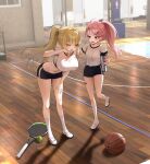  2girls absurdres ahoge ball basketball_(object) basketball_court bent_over black_eyes black_shorts blonde_hair breasts crop_top hair_ornament hairclip hand_on_own_thigh highres holding_tumbler indoors kneehighs large_breasts looking_at_another mary_janes midriff multiple_girls navel one_eye_closed open_mouth original pink_hair ponytail racket red_eyes shant_07 shirt shirt_tucked_in shoes short_shorts short_sleeves shorts socks stomach sweat tennis_ball tennis_racket thighs tumbler white_shirt white_shoes white_socks 