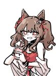  1girl angelina_(arknights) angelina_(summer_flower)_(arknights) animal_ears arknights bare_shoulders blush_stickers breasts bright_pupils brown_hair casual_one-piece_swimsuit cleavage cup disposable_cup dot_nose drinking_straw fox_ears fox_girl grape_(grayp) grin hair_ribbon long_hair looking_at_viewer medium_hair official_alternate_costume one-piece_swimsuit red_eyes red_one-piece_swimsuit red_ribbon ribbon simple_background smile spaghetti_strap swimsuit swimsuit_cover-up twintails upper_body white_background white_pupils 