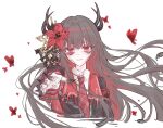  1girl armband black_hair black_shirt bug butterfly collared_shirt commentary_request cracked_face cracked_skin extra_eyes extra_horns flower gloves hair_flower hair_ornament highres horns long_hair long_sleeves looking_at_viewer mahou_shoujo_no_majo_saiban necktie nikaido_hiro outstretched_hand pleated_capelet red_armband red_butterfly red_eyes red_flower red_necktie shirt side_capelet simple_background snake_hair solo souri_10244 spoilers torn_clothes torn_gloves white_background white_shirt witch_(manosaba) 