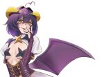  1girl :d ahoge bat_brooch blush breastless_clothes breasts bridal_gauntlets commentary_request corset cross cross-shaped_pupils cross_facial_mark cross_pasties demon_wings facial_mark fang forward-facing_horns hair_between_eyes hair_intakes hand_to_own_mouth highres hiiragi_utena horns looking_at_viewer magia_baiser mahou_shoujo_ni_akogarete medium_breasts open_mouth pasties purple_corset purple_hair purple_wings revealing_clothes shrug_(clothing) simple_background skin_fang smile solo star_(symbol) symbol-shaped_pupils ubaubazame upper_body wavy_mouth white_background white_shrug wings yellow_eyes yellow_horns 