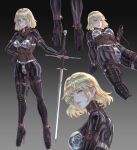  1girl absurdres anal anal_object_insertion blonde_hair blue_eyes bodysuit bodysuit_under_clothes boots brown_corset character_request chastity_belt chastity_bra commentary_request copyright_request corset high_heels highres holding holding_sword holding_weapon latex latex_bodysuit leveen long_hair looking_at_viewer multiple_views object_insertion sword thigh_boots vaginal vaginal_object_insertion weapon 