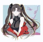  1boy 1girl archer_(fate) archer_(honkai:_star_rail)_(fate) bare_shoulders belt_collar black_hair black_necktie blue_eyes breasts closed_mouth clothes_down collar commentary_request curtained_hair fate/stay_night fate_(series) high_collar highres honkai:_star_rail honkai_(series) jacket large_breasts looking_ahead looking_at_viewer necktie red_jacket shiba_xie18 shirt short_hair short_necktie sleeveless sleeveless_shirt star_(symbol) tohsaka_rin tohsaka_rin_(honkai:_star_rail) two_side_up white_hair 