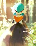  1girl alternate_color bishamon_(usagi_ba) blurry bush closed_mouth commentary_request cowboy_shot day flower gardevoir highres looking_at_viewer mega_gardevoir mega_pokemon nature no_humans outdoors plant pokemon pokemon_(creature) pokemon_focus red_eyes shiny_pokemon smile solo standing white_flower 