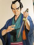  1boy aqua_kimono between_fingers black_hair blue_haori brown_eyes chonmage closed_mouth coin commentary_request diamond_print hand_up haori highres holding holding_coin holding_weapon holed_coin japanese_clothes jitte kimono kimura_naomi light_smile male_focus nihongami obi painting_(medium) pink_sash print_kimono sash short_hair simple_background solo tassel topknot traditional_media upper_body weapon white_background zenigata_heiji zenigata_heiji_torimono_hikae 