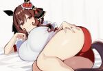  1girl animal_ears ass blush braid braided_hair_rings breasts brown_hair brown_tail buruma closed_mouth commentary_request ear_covers gentildonna_(umamusume) gym_shirt hair_rings heart_ear_ornament horse_ears horse_girl horse_tail large_breasts long_hair looking_at_viewer lying on_side puffy_short_sleeves puffy_sleeves red_buruma red_eyes shirt short_sleeves sidelocks smile solo tail tail_through_clothes thighs to_zaemon umamusume white_shirt 