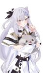  1girl bazo_(vestia_zeta) belt commentary cone_hair_bun dress earrings fingernails grey_eyes grey_hair grin hair_bun highres hololive hololive_indonesia jewelry long_hair single_earring smile soraha_123 untranslatable_commentary vestia_zeta vestia_zeta_(1st_costume) virtual_youtuber white_background white_dress 