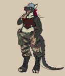  anthro arm_markings baseball_cap beer_bottle black_body boguscypress boots bottle bottomwear camo camo_bottomwear camo_clothing camo_pants camo_print cigarette claws clothed clothing combat_boots container digitigrade digitigrade_footwear ear_piercing ear_ring english_text facial_piercing female fingerless_gloves footwear furgonomic_footwear furgonomics gloves gun hair handgun handwear hat headgear headwear hi_res holster inheritor lizard looking_at_viewer markings midriff nose_piercing nose_ring pants pattern_bottomwear pattern_clothing pattern_pants piercing pistol project_silverfish ranged_weapon reptile revolver ring_piercing scalie scar sharp_teeth shirt shoes signature solo standing tail tan_body tank_top tapering_tail tattoo teeth text text_on_clothing text_on_shirt text_on_tank_top text_on_topwear tongue tongue_out topwear weapon yellow_eyes 