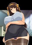  1girl absurdres alternate_hair_length_(longer) arms_under_breasts black_skirt breasts brown_eyes brown_hair brown_thighhighs butotns from_below haruhisky highres huge_breasts indoors long_hair official_alternate_hairstyle panties pantyshot pencil_skirt purple_panties shirt skirt sleeveless sleeveless_shirt solo standing suzumiya_haruhi suzumiya_haruhi_no_yuuutsu thighhighs thighs underwear very_long_hair white_shirt window 