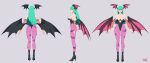  1girl a-pose absurdres animal_print aqua_eyes aqua_hair artist_logo artist_name ass bat_print bat_wings black_boots black_leotard blunt_bangs blunt_ends boots breasts cleavage closed_mouth clothing_cutout commentary commission cutout_above_navel darkstalkers demon_girl detached_sleeves from_behind from_side full_body grey_background head_wings heart_cutout high_heel_boots high_heels highleg highleg_leotard highres large_breasts leotard logo long_hair looking_ahead morrigan_aensland multiple_views open_hands orange_sleeves pantyhose pink_lips pixiv_commission print_pantyhose purple_pantyhose r3dfive reference_sheet sideboob simple_background standing straight-on thighs turnaround wings 