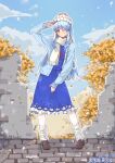  1girl absurdres blue_cardigan blue_dress blue_hair blue_sky blush brown_shoes cardigan chinese_commentary ci_sheng_shi_ying closed_mouth cloud commentary_request dated day dress full_body hat highres kamishirasawa_keine loafers long_hair long_sleeves looking_at_viewer multicolored_eyes one_eye_closed open_cardigan open_clothes orange_eyes petal_print print_dress ringed_eyes scarf shoes sky smile snowing solo touhou two-tone_eyes very_long_hair white_hat white_scarf winter_clothes yellow_eyes 