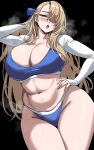  1girl black_background blonde_hair blue_eyes blush breasts brown_dust_(series) cowboy_shot hair_over_one_eye hand_on_own_hip hella_p highres large_breasts long_hair long_sleeves navel one_eye_covered open_mouth simple_background solo stomach thighs wilhelmina_(brown_dust) 