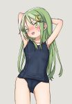  1girl arms_behind_head arms_up black_swimsuit cowboy_shot crescent crescent_hair_ornament flat_chest green_eyes green_hair grey_background hair_ornament highres kantai_collection long_hair nagatsuki_(kantai_collection) open_mouth po0000000000 round_teeth school_swimsuit simple_background solo standing swimsuit teeth upper_teeth 