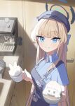 1girl absurdres applepie_(12711019) apron blonde_hair blue_archive blue_eyes blue_shirt character_request coffee_maker commentary cup food halo hat highres holding holding_cup indoors long_hair shirt smile solo standing toki_(blue_archive) untranslatable_commentary upper_body 