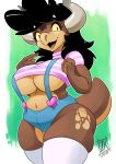  2020 3_fingers amber_eyes anthro black_hair breasts clothed clothing digital_media_(artwork) fangs female fingers hair hi_res horn kobold legwear open_mouth open_smile samantha_reyes shirt short_stack signature smile solo thick_thighs topwear under_boob yellow_sclera zwitterkitsune 