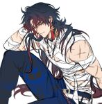  1boy ahoge bandaged_arm bandaged_chest bandaged_torso bandages beads black_hair blade_(honkai:_star_rail) blue_pants earrings gloves gradient_hair hair_over_one_eye hand_on_own_head honkai:_star_rail honkai_(series) jacket jewelry leaning_back long_hair looking_at_viewer male_focus mortenax_blade_(honkai:_star_rail) multicolored_hair muscular necklace onegingek open_clothes open_jacket orange_eyes pants parted_lips red_eyes red_gloves red_hair scar scar_on_arm scar_on_chest simple_background single_earring single_glove sitting smirk strap tassel tassel_earrings toned toned_male upper_body very_long_hair white_background 