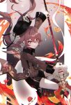  1girl :d =_= absurdres black_hat black_nails black_shorts boo_tao_(genshin_impact) bright_pupils brown_hair brown_jacket commentary_request fire flat_chest flower-shaped_pupils genshin_impact ghost hair_between_eyes hat highres holding holding_polearm holding_weapon hu_tao_(genshin_impact) jacket jewelry kneehighs light_particles long_hair long_sleeves looking_at_viewer multiple_rings open_mouth polearm pyrokinesis red_eyes red_trim ring ro/ku short_shorts shorts smile socks solo sparkle spear staff_of_homa_(genshin_impact) symbol-shaped_pupils weapon white_pupils white_socks 