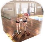  2girls absurdres ahoge ball basketball_(object) basketball_court bent_over black_eyes black_shorts blonde_hair breasts crop_top hair_ornament hairclip hand_on_own_thigh highres holding_tumbler indoors kneehighs large_breasts looking_at_another mary_janes midriff multiple_girls navel one_eye_closed open_mouth original pink_hair ponytail racket red_eyes shant_07 shirt shirt_tucked_in shoes short_shorts short_sleeves shorts socks stomach sweat tennis_ball tennis_racket thighs tumbler white_shirt white_shoes white_socks 