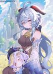  2girls ahoge bare_shoulders bead_necklace beads bell black_gloves blue_dress blue_hair blue_hat blue_sky blush bodystocking braid braided_ponytail breasts brown_pantyhose chinese_clothes coin_hair_ornament commentary_request detached_sleeves dress ganyu_(genshin_impact) genshin_impact gloves hair_ornament hat highres horns jewelry jiangshi lap_pillow large_breasts long_hair long_sleeves multiple_girls necklace ofuda one_eye_closed pantyhose purple_eyes purple_hair qingdai_guanmao qiqi_(genshin_impact) sidelocks sky small_breasts suzuho_hotaru thighs translation_request white_dress 