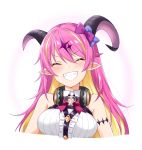  1girl :d arm_strap asymmetrical_horns bare_shoulders blonde_hair blush bow breasts closed_eyes colored_inner_hair commentary curled_horns demon_horns english_commentary felutiahime hair_between_eyes hair_bow hair_ornament headphones headphones_around_neck highres hololive horns long_hair mano_aloe medium_breasts multicolored_hair open_mouth pink_hair pointy_ears sleeveless smile solo two-tone_hair virtual_youtuber 