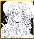  1girl asymmetrical_sidelocks blush bow capelet collared_shirt commentary_request hair_bow hat hat_bow ikeda_ruriko looking_at_viewer medium_hair necktie shikishi shirt sidelocks smile solo spot_color star_(symbol) touhou traditional_media upper_body usami_renko 