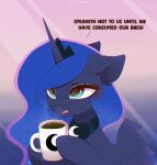  1_horn absurd_res beverage black_neckwear black_tiara blue_hair coffee container crown cup dialogue digital_drawing_(artwork) digital_media_(artwork) equid equine eyelashes eyeshadow feathered_wings feathers female female_feral feral friendship_is_magic gradient_background hair hasbro headgear hi_res highlights_(coloring) holding_container holding_cup holding_mug holding_object horn makeup mammal mug my_little_pony mythological_creature mythological_equine mythology nnalyart open_mouth princess_luna_(mlp) purple_body purple_eyeshadow purple_highlights purple_horn purple_wings quadruped shaded signature simple_background solo spiral_horn teal_eyes tiara winged_unicorn wings 