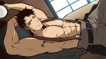  1boy abs akitaru_oubi bara black_hair brown_hair chest en&#039;en_no_shouboutai highres kuroshinki male_focus muscle navel nipples pectorals shirtless short_hair solo suspenders upper_body weightlifting 