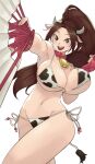  1girl absurdres animal_ears animal_print bell bikini breasts brown_eyes brown_hair clueless commentary cow_ears cow_print cow_print_bikini english_commentary fake_animal_ears fake_horns fatal_fury folding_fan gloves hand_fan high_ponytail highres horns huge_breasts imminent_exposure long_hair navel neck_bell ponytail print_bikini reaching reaching_towards_viewer shiranui_mai smile snk_heroines:_tag_team_frenzy solo strap_break swimsuit the_king_of_fighters thighs torn_bikini torn_clothes wanderjegson wardrobe_malfunction 
