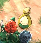  asazaki_(asa_no_yashiki) blue_flower blue_rose blush budew commentary_request flower grass highres no_humans outdoors pokemon pokemon_(creature) pokemon_focus red_flower red_rose rose roselia_(pokemon) smile solid_eyes sunlight twitter_username watermark 
