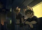  2boys absurdres against_railing animal_ears animal_nose apartment blonde_hair building city dog_boy dog_ears fewer_digits fireworks fumochi_n furry furry_male green_hair hand_fan highres holding holding_fan light_particles male_focus mouth_hold multiple_boys night original railing sandals short_hair short_sleeves 