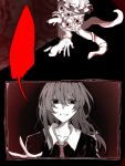  1girl 1other alternate_hair_length_(longer) black_eyes black_hair black_shirt blank_speech_bubble body_horror bow collarbone collared_shirt commentary contrast_collar crawling dated_commentary eyes_on_body grin guro hair_bow hat highres horror_(theme) long_hair maribel_hearn missing_headwear mob_cap monsterification necktie oriharareimu red_necktie red_theme shirt smile speech_bubble tentacles touhou usami_renko white_bow white_hat 