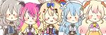  5girls :p animal_ears asymmetrical_horns blonde_hair chibi hololive horns mano_aloe momosuzu_nene momosuzu_nene_(artist) multiple_girls omaru_polka pink_hair pointy_ears shishiro_botan tongue tongue_out yukihana_lamy 