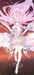  1girl absurdres amphoreus_(honkai:_star_rail) bare_shoulders blue_gem breasts chinese_commentary cleavage cloud collarbone commentary_request cyrene_(demiurge)_(honkai:_star_rail) cyrene_(honkai:_star_rail) cyrene_(philia093)_(honkai:_star_rail) dress dress_flower floating_hair flower full_body gem hair_ornament halo halo_behind_head highres honkai:_star_rail honkai_(series) infinity_symbol jewelry long_hair long_sleeves necklace ocean open_mouth orange_sky pink_dress pointy_ears purple_sleeves shenmafuyun40469 sky smile solo standing wheat white_halo wide_sleeves 