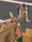 1girl alternate_costume asymmetrical_hair blue_hair boots casual cephalopod_eyes closed_mouth collared_shirt dark-skinned_female dark_skin from_side green_boots green_eyes grey_jacket headphones highres holding holding_record indoors jacket long_hair looking_at_viewer marina_(splatoon) mole mole_under_mouth multicolored_hair necktie octoling orange_hair orange_necktie pink_pupils shirt short_shorts shorts smile solo splatoon_(series) splatoon_2 standing suction_cups tanukichikushin tentacle_hair twitter_x_logo vinyl_record web_address white_hair white_shirt 