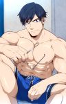  1boy abs absurdres bara blue_hair boku_no_hero_academia bulge chest collarbone eyewear_removed glasses highres iida_tenya kuroshinki male_focus muscle nipples pectorals red_eyes shirtless short_hair shorts sitting toned toned_male 