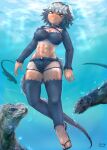  1girl air_bubble animal arms_at_sides bikini bikini_shorts black_hair breasts brown_eyes bubble closed_mouth commentary_request creature_and_personification dated day freediving full_body highres iguana iguana_tail kemono_friends kemono_friends_3 light_smile lizard lizard_tail long_sleeves looking_at_viewer marine_iguana_(kemono_friends) medium_breasts medium_hair multicolored_hair navel outdoors personification saja_(166j357) sandals shorts shrug_(clothing) stomach submerged swimsuit tail tan tanlines thighhighs toes topknot two-tone_hair underwater white_hair 