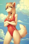  anthro blonde_hair breasts canid canine choker clothing cloud crossed_arms day female fur hair hi_res jewelry mammal marblesoda necklace nipple_outline one-piece_swimsuit outside sky solo swimwear tan_body tan_fur whistle 