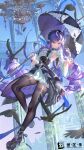  1girl absurdres black_pantyhose black_shoes breasts center_frills comet-c drill_hair frills gem hairband highres midair pantyhose pointy_ears purple_gem purple_hair purple_hairband purple_umbrella shoes shrug_(clothing) sideboob solo umbrella vivian_banshee white_shrug zenless_zone_zero 