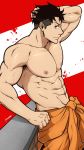  1boy abs akitaru_oubi bara black_hair brown_eyes bulge chest en&#039;en_no_shouboutai hand_in_hair highres kuroshinki male_focus muscle navel nipples pectorals shirtless short_hair solo upper_body veins 