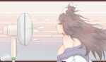  1girl animal_ear_fluff animal_ears breasts brown_hair commentary_request cube85 dress electric_fan food food_in_mouth from_side highres hot imaizumi_kagerou large_breasts letterboxed long_hair off-shoulder_dress off_shoulder popsicle popsicle_in_mouth red_eyes solo sweat touhou twitter_username upper_body white_dress wind wolf_ears wolf_girl 